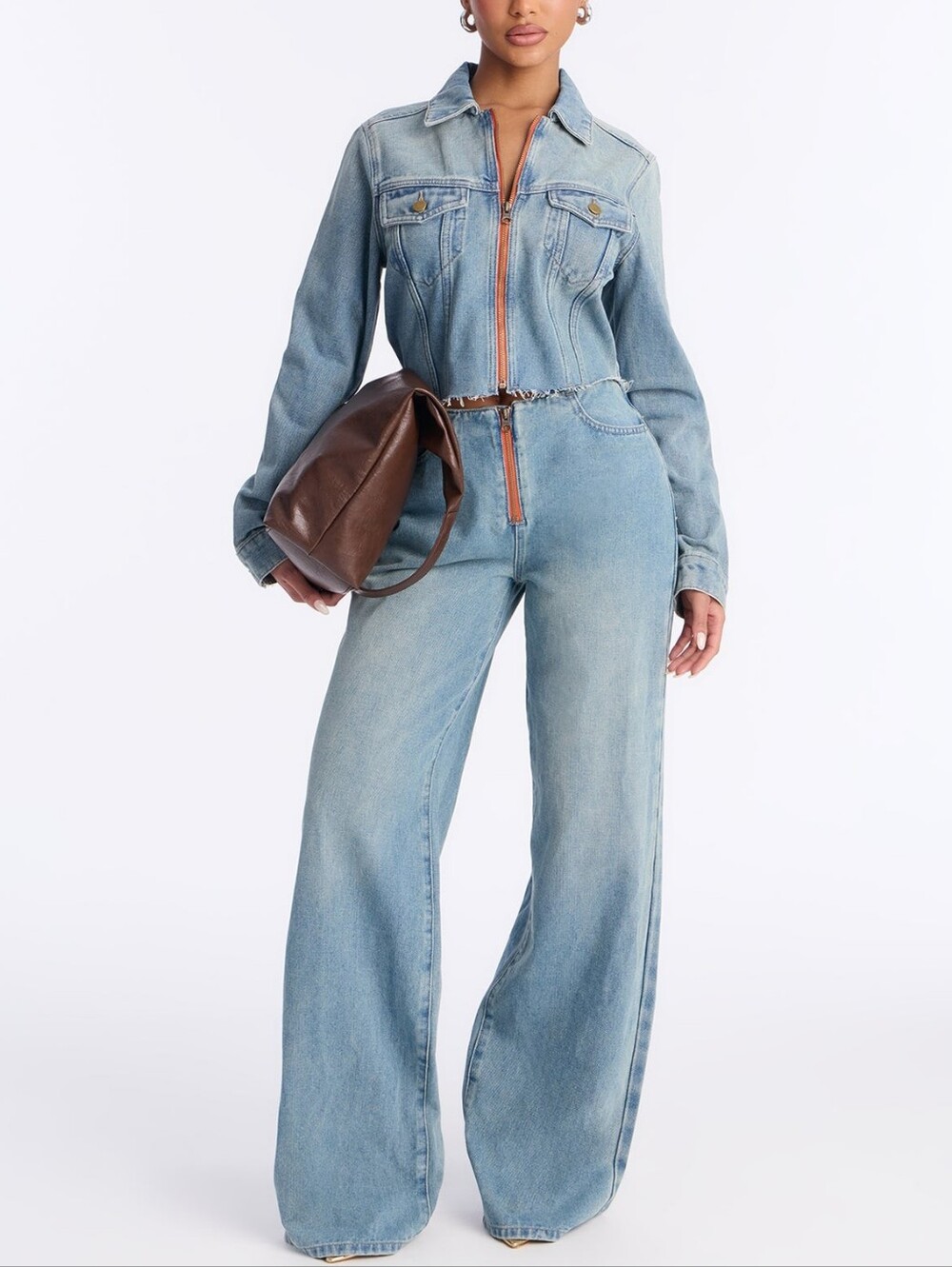 Two-piece denim suit with accent sequins: short jacket and wide-leg pants